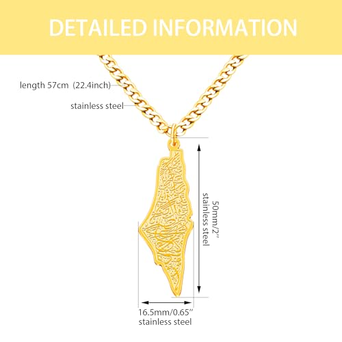 Uloveido Palestine Map Necklace – Arabic Engraved Stainless Steel Pendant, Islamic Middle Eastern Cultural Jewelry for Men and Women - color: Gold