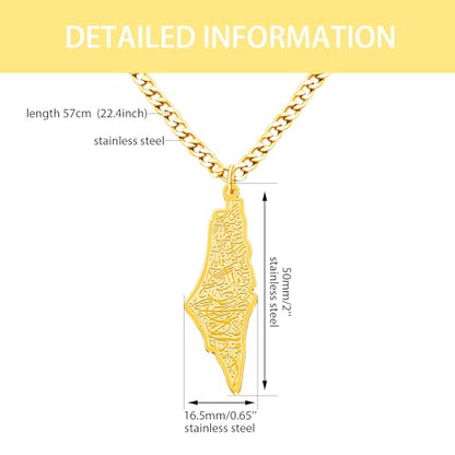 Uloveido Palestine Map Necklace – Arabic Engraved Stainless Steel Pendant, Islamic Middle Eastern Cultural Jewelry for Men and Women - color: Gold