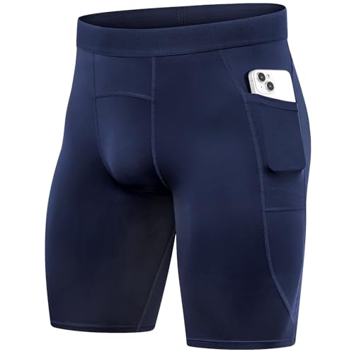 Compression Shorts for Men Pocket Compression Spandex Underwear Shorts Running Workout Athletic - color: Navy, size: Large