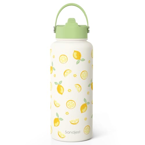 Lemon Water Bottle Stainless Steel 32oz with Lid & Straw, Insulated Bottles Gifts for Women Girls Friends Teens Birthday Christmas - color: Lemon