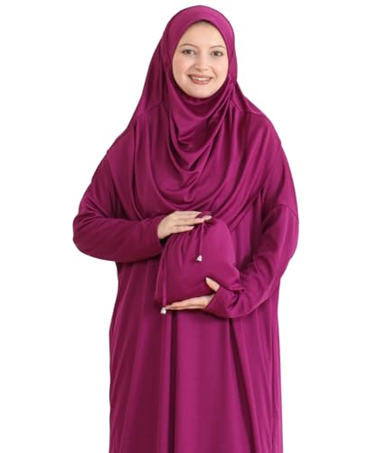 Prien Muslim Dress For Women With Hijab, Abaya, Instant Prayer Clothes Set, Islamic Wear, Dubai Kaftan Jilbab Burqa - color: Fuchsia, size: 3X-Large-6X-Large