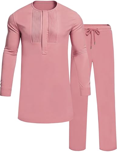 Mens African 2 Piece Set Nigerian Dashiki Traditional Suit Pleated Snap Button Shirts and Pants Outfit - color: Pink, size: Small