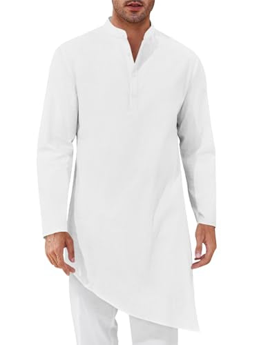 Runcati Mens Kaftan Robe Thobe Cotton Long Sleeve Henley Shirt Casual Muslim Gown Kurta Tops - color: White, size: X-Large