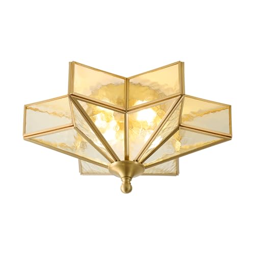 Star Brass Vintage Ceiling Light - 12.2 in Gold Flush Mount Fixture - color: Brass(Gold)-Embossed Glass, size: 12.2 Inches