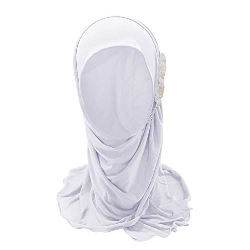 Girls Ice Silk Muslim Khimar Hijab Headscarf Flower Arab Scarf Shawls Neck Wrap Islamic Head Wrap for Age 2-7 Years - color: Style 1-white