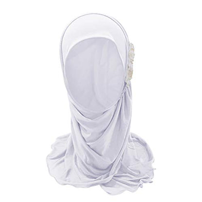 Girls Ice Silk Muslim Khimar Hijab Headscarf Flower Arab Scarf Shawls Neck Wrap Islamic Head Wrap for Age 2-7 Years - color: Style 1-white