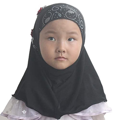 Instant Hijab for Kids Girls Hijabs Muslim Islamic Head Scarf with Rhinestone and Flowers - color: Black