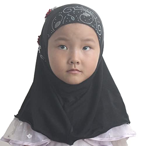 Instant Hijab for Kids Girls Hijabs Muslim Islamic Head Scarf with Rhinestone and Flowers - color: Black