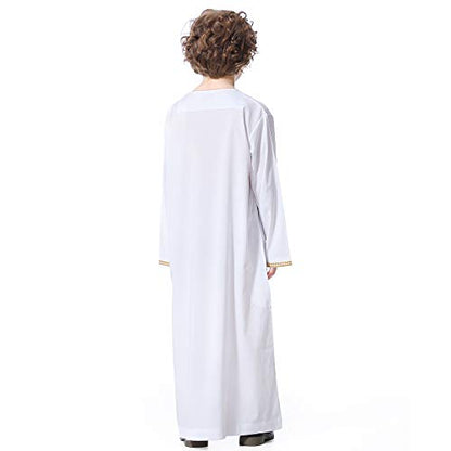 XINNI Arabic Thobe Muslim Thobe Long Sleeve Kaftan Crew Collar Robe with Zipper for Boy - color: White, size: 9-10 Years