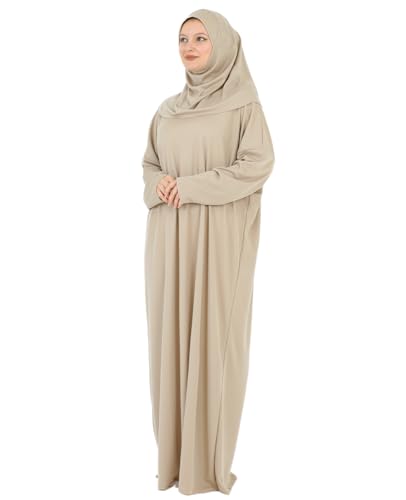 Women Prayer Clothes with Hijab Muslim Outfits Long Robe Abaya Turkish Islamic Dresses Dubai Kaftan with Rosary - color: Mink