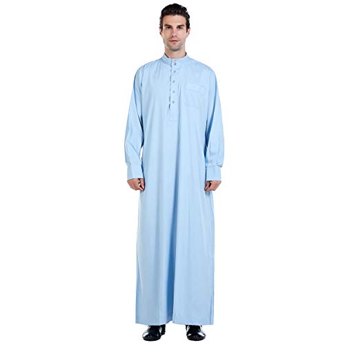 Men Arabic Long Sleeve Pure Color Thobe Crew Stand Collar Kaftan Robe with Button - color: Sky Blue, size: Small
