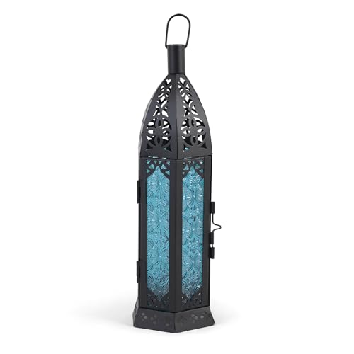 Zingz & Thingz Moroccan Style Candle Lantern Holder, Decorative Light Home Decor, Indoor & Outdoor, 13" Tall, Black with Blue Glass - color: Blue Glass, size: 13" Tall