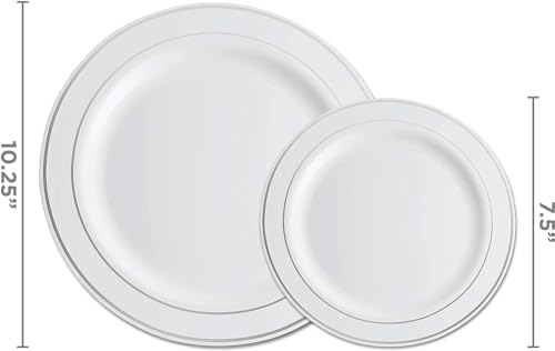 125 Piece Silver Dinnerware Party Set - 50 Silver Rim Plastic Plates, 25 Dinner 25 Dessert Plates, 25 Knives, 25 Forks, 25 Spoons - 25 Guest Disposable Set for Wedding Birthday Parties - color: Silver Rim