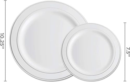 125 Piece Silver Dinnerware Party Set - 50 Silver Rim Plastic Plates, 25 Dinner 25 Dessert Plates, 25 Knives, 25 Forks, 25 Spoons - 25 Guest Disposable Set for Wedding Birthday Parties - color: Silver Rim