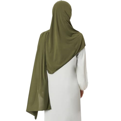 khalat Instant Hijab 여성용 무슬림 샤이니 라인스톤 데일리 스카프 부드럽고 신축성 있는 단색 이슬람 기도 히잡 - color: 아미 그린.