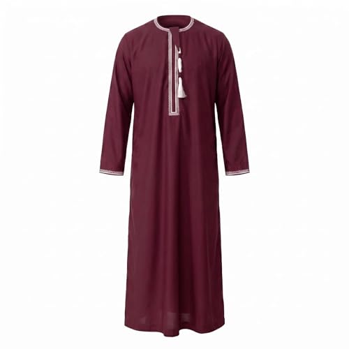Kaftan for Men Muslim Gown Islamic Thobe Shirts Ramadan Abaya Dubai Arab Robe Long Sleeve Middle Eastern Kaftan - color: Wine Red, size: Medium