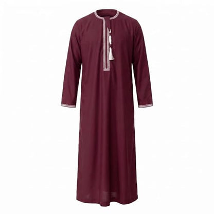 Kaftan for Men Muslim Gown Islamic Thobe Shirts Ramadan Abaya Dubai Arab Robe Long Sleeve Middle Eastern Kaftan - color: Wine Red, size: X-Large