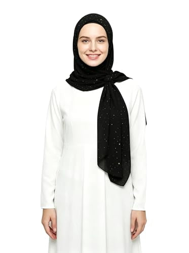 Lina & Lily Sparkle Shimmer Gold Glitter Women's Chiffon Hijab Head Scarf Shawl Wrap Lightweight - color: Black