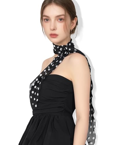 Chiffon Scarf for Women, Removable Flower Neck Scarf Light Soft Fashion Rose Scarves Versatile Headband or Hair Band - color: Polka Dot Black and White