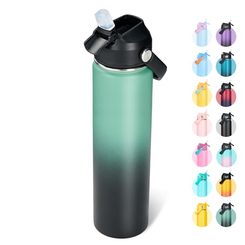 Fijinhom 24oz Insulated Stainless Steel Water Bottle, Wide Mouth Double Wall Vacuum, Silicone Straw, Sweat & Leak Proof, BPA Free Insulated Water Flask for Travel, Keep Cold 24h Hot 12h, Green & Black - color: Green & Black, size: 24 Ounces