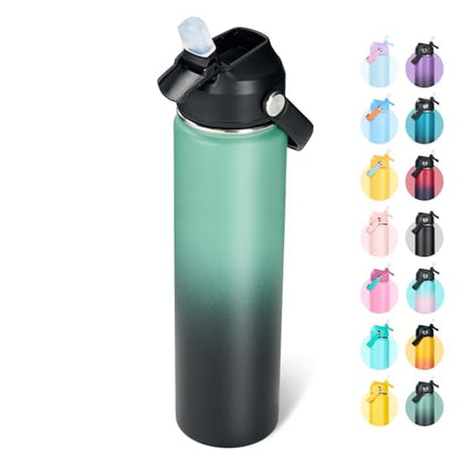 Fijinhom 24oz Insulated Stainless Steel Water Bottle, Wide Mouth Double Wall Vacuum, Silicone Straw, Sweat & Leak Proof, BPA Free Insulated Water Flask for Travel, Keep Cold 24h Hot 12h, Green & Black - color: Green & Black, size: 24 Ounces