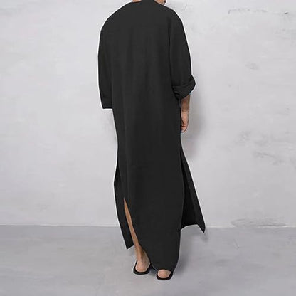 Muslim Thobe for Men Button Down Kaftan Long Sleeve Long Gowns Solid Sleep Shirts Robes with Pockets Side Split - color: Black, size: Medium