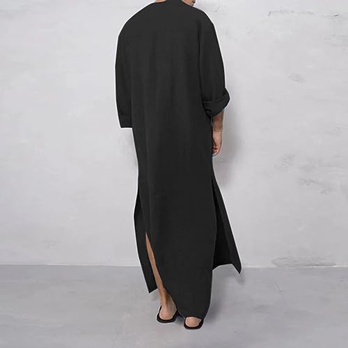 Muslim Thobe for Men Button Down Kaftan Long Sleeve Long Gowns Solid Sleep Shirts Robes with Pockets Side Split - color: Black, size: 5X-Large