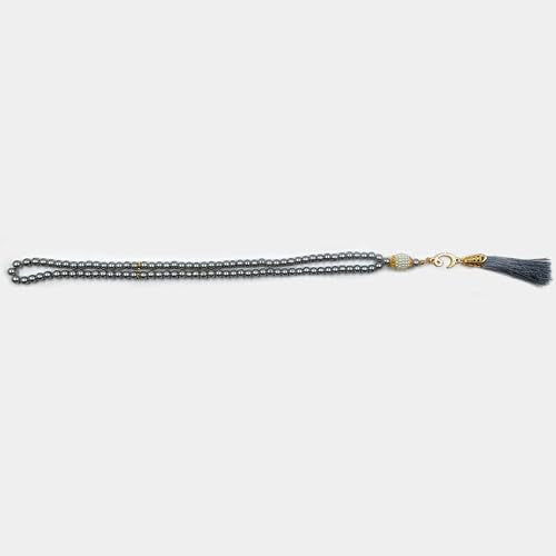 BAYKUL Muslim Prayer Beads 99, Islamic Rosary with Silver Allah Muhammad Engraved Tasbih, Zikr Namaz Worship Ramadan Tesbih Bracelet - color: Grey Pearl