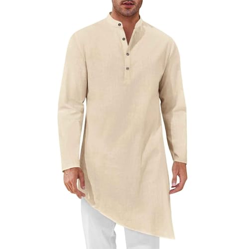 Mens Kaftan Robe Thobe Cotton Long Sleeve Henley Shirt Casual Muslim Gown Kurta Tops - color: Khaki, size: Small