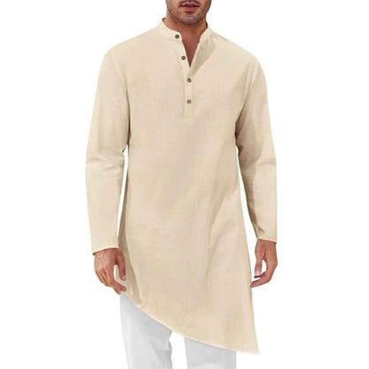 Mens Kaftan Robe Thobe Cotton Long Sleeve Henley Shirt Casual Muslim Gown Kurta Tops - color: Khaki, size: Large