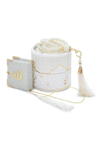 ihvan online Mini Quran & Tesbih Gift Set with Cylinder Box – 99 Pearl Muslim Prayer Beads, Misbaha Tasbeeh Sibha Mala – Islamic Ramadan, Eid & Mawlid Gift for Men & Women, White - color: White
