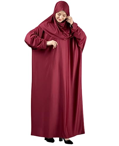 Women Prayer Clothes with Hijab Muslim Outfits Long Robe Abaya Turkish Islamic Dresses Dubai Kaftan with Rosary - color: Burgundy