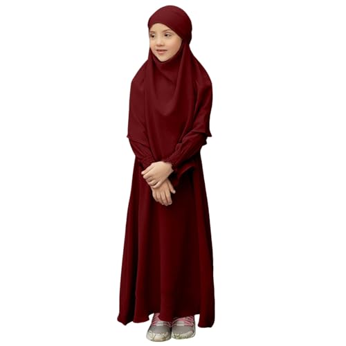 Muslim Dress for Girls Prayer Abaya with Hijab Toddler Islamic Cardigan Clothes Kaftan Robe Maxi Dresses Ramadan - color: 2-wine, size: 9-10 Years