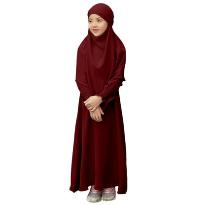 Muslim Dress for Girls Prayer Abaya with Hijab Toddler Islamic Cardigan Clothes Kaftan Robe Maxi Dresses Ramadan - color: 2-wine, size: 3-4T