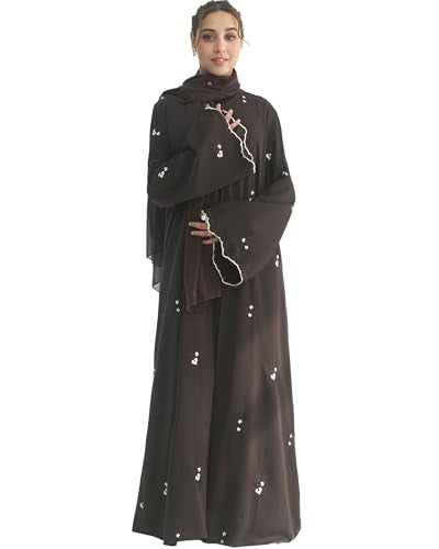 Floral Embroidered Abaya for Women Modest Muslim Open Front Robe with Scalloped Bell Sleeves Islamic Cardigan with Hijab - color: Coffee, size: Small