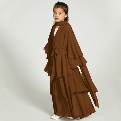 Kids Abayas Dress for Girls Muslim Dress with Hijab Chiffon Layered Islam Kaftan Robe Open Front Cardigan Prayer Dress - color: Coffee, size: 7-8 Years