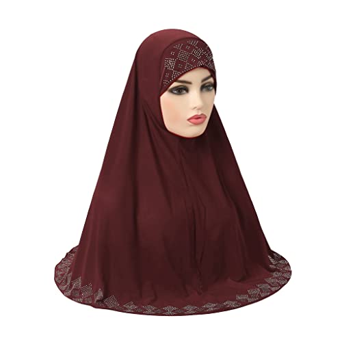 ZGMYC Women Shiny Rhinestones Muslim Hijab Elegant Long Turban Cap Head Wrap Scarf - color: Wine Red
