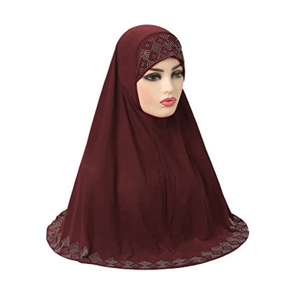 ZGMYC Women Shiny Rhinestones Muslim Hijab Elegant Long Turban Cap Head Wrap Scarf - color: Wine Red