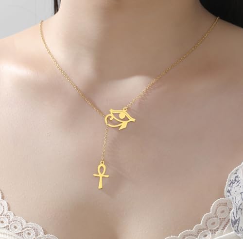 Ankh Cross Y Necklace Key of Life Eye of Horus Pendant Cartouche Long Chain Protection African Coptic Amulet Ancient Egyptian Religious Jewelry Gift for Women Men - color: Ankh Cross Eye of Horus gold