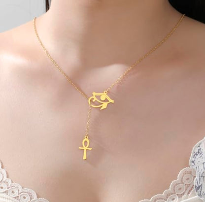 Ankh Cross Y Necklace Key of Life Eye of Horus Pendant Cartouche Long Chain Protection African Coptic Amulet Ancient Egyptian Religious Jewelry Gift for Women Men - color: Ankh Cross Eye of Horus gold