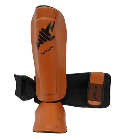 Muay Thai Shin Guards - Leather Leg Instep Protection Pads - Martial Art Kicking Sparring Training Gear for BJJ Karate, Boxing, Taekwondo, Kickboxing/MMA Training (Pair) - color: Brown, size: Large