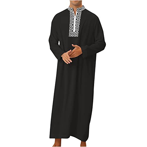 Ctreela Mens Zip V Neck Kaftan Thobe Button Down Casual Henley Shirts Long Sleeve Robe Ramadan Muslim Gown Thawb Shirts - color: Black, size: Small