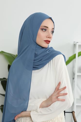 Aisha's Design Instant Chiffon Shawl for Women Modesty Turban Hijab Head Wrap Ready to Wear Women Headscarf - color: Indigo