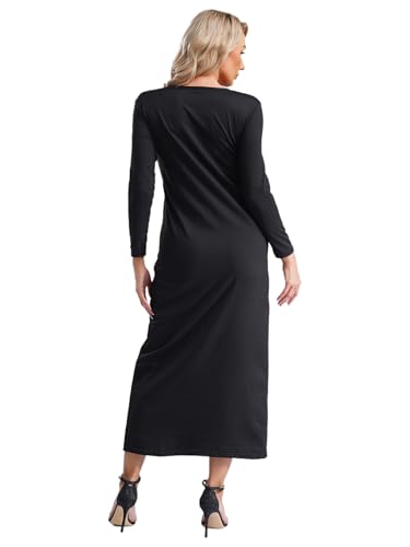 Womens Muslim Abayas Maxi Dress One Piece Long Sleeve Islamic Prayer Dresses Robe Arabian Kaftan - color: Black, size: Large-X-Large