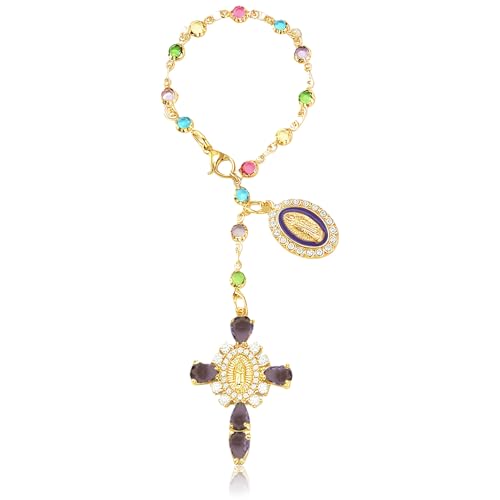 Virgen De Guadalupe Car Charm - Steering Wheel Accessory & Rearview Mirror Hanging, Cross Pendant Automotive Protection Decor - color: Gold-purple