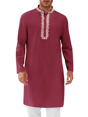 Runcati Mens Kaftan Thobe Cotton Henley Shirt Long Sleeve Embroidery Robe Casual Kurta Muslim Gown Shirt - color: Burgundy, size: Medium