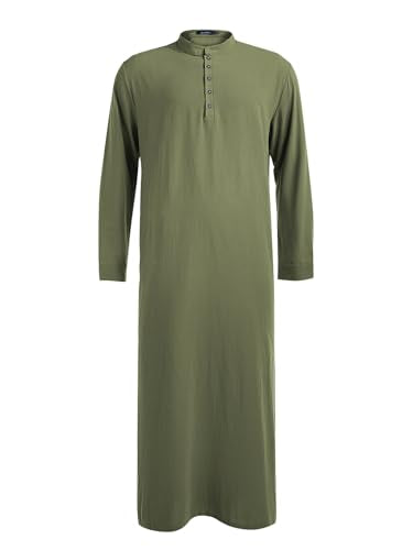 Jacansi Men's Muslim Buttoned Thobe Long Tunic, Oversized & Extra Long, Arabic Style with Pockets - color: Army Green, size: Medium