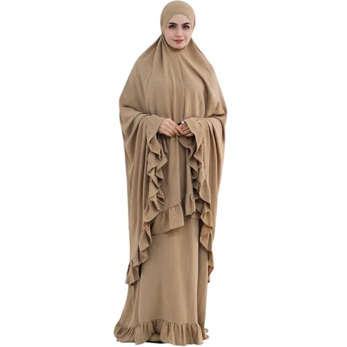 2PCS Abayas for Women Muslim Dress Ruffled Hem Modest Prayer Robe Full Coverage Modest Jilbab Set - color: Khaki, size: Medium