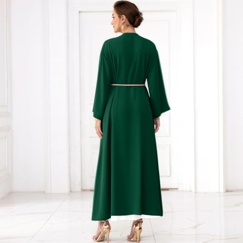 IDOPIP Muslim Abayas for Women Long Sleeve Open Front Cardigan Rhinestone Applique Islamic Dubai Maxi Kaftan Dress with Belt - color: Blackish Green, size: Medium