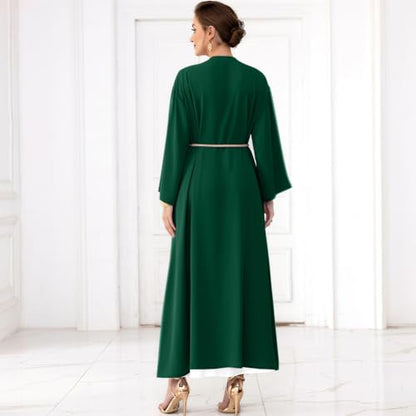 IDOPIP Muslim Abayas for Women Long Sleeve Open Front Cardigan Rhinestone Applique Islamic Dubai Maxi Kaftan Dress with Belt - color: Blackish Green, size: Medium
